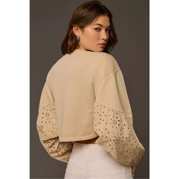 Pilcro Anthropologie Batwing Eyelet Sweatshirt Top Eyelet Embroidered L Boho - Picture 11 of 12